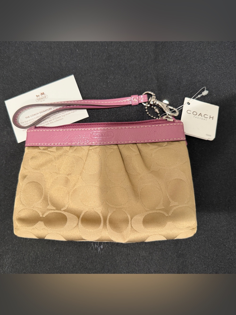 Coach Tan Signature Clutch with Pink Trim